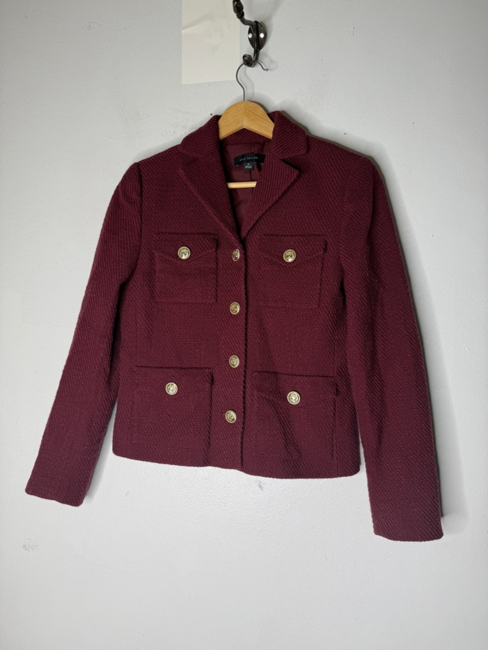 Ann Taylor The Military Blazer Jacket Tweed Burgundy Size 0P